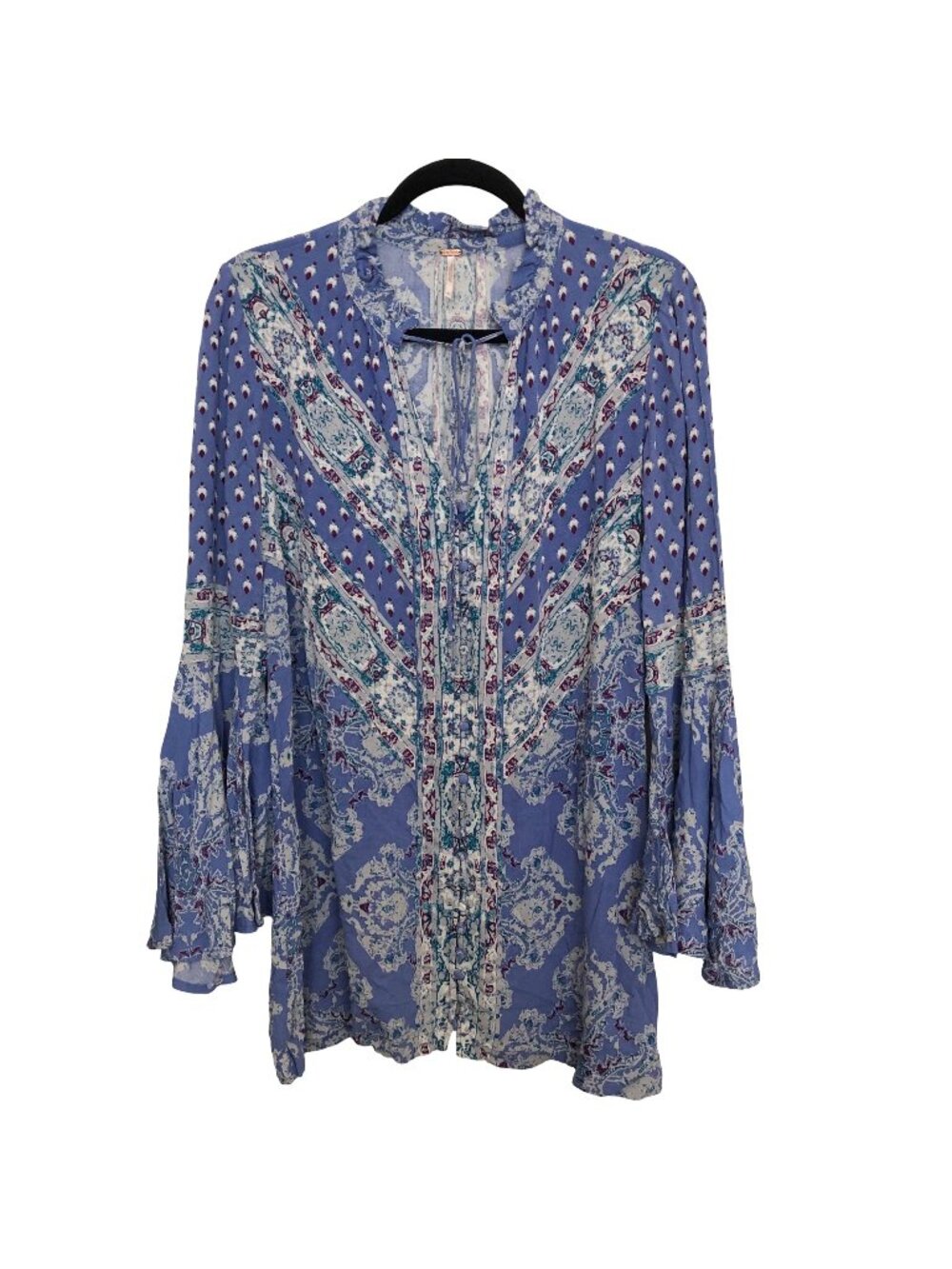 Free People Blue Boho Print Button-Front Flared Sleeves Tunic M